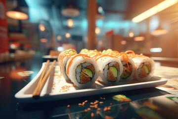 Close-up of a Sushi Roll Set with a Sushi Bar Background, Perfect for Japanese Cuisine Menus, Food Photography, or Restaurant Promotions