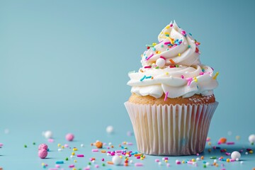 Tasty cupcake with butter cream and sprinkles on blue background - obrazy, fototapety, plakaty