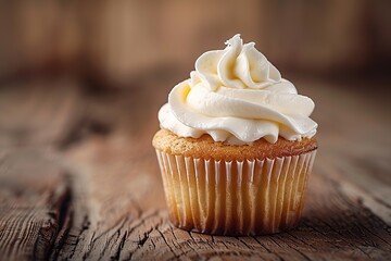 Tasty cupcake with butter cream on wooden background - obrazy, fototapety, plakaty