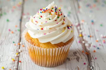 Tasty cupcake with butter cream and sprinkles on wooden background - obrazy, fototapety, plakaty