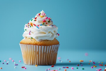 Tasty cupcake with butter cream and sprinkles on blue background