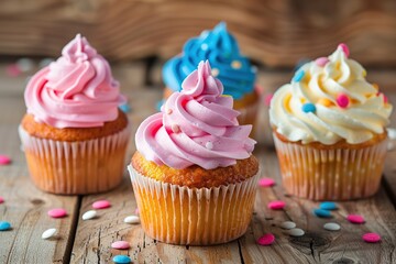 Tasty cupcakes with butter cream and sprinkles on wooden background - obrazy, fototapety, plakaty