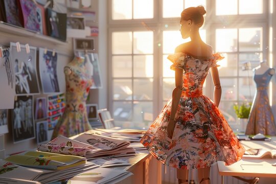 3D render of A fashion designer sketching a revolutionary new dress on a mannequin in a sunlit studio surrounded by fabric swatches and fashion magazines