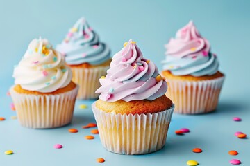 Tasty cupcakes with butter cream and sprinkles on blue background
