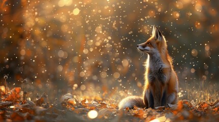 Fototapeta premium Fox Sitting on Top of a Pile of Leaves