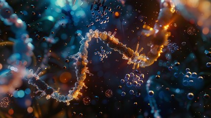 A 3D illustration of a DNA helix experiencing a break surrounded by molecules or atoms - obrazy, fototapety, plakaty