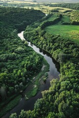 Fototapeta na wymiar Serene river flowing through vibrant green forest, perfect for nature and travel concepts