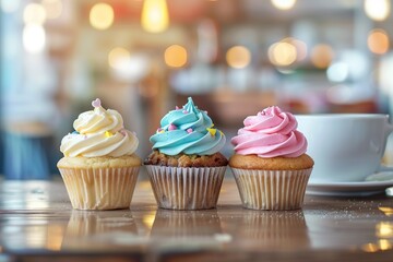 Tasty cupcakes with butter cream and sprinkles on table on blurred kitchen background - obrazy, fototapety, plakaty
