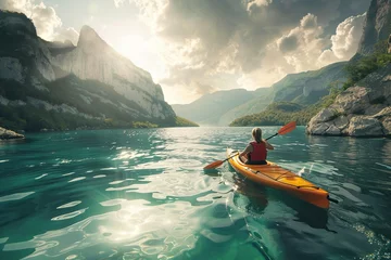 Foto op Canvas Girl in kayak sails mountain river. Whitewater kayaking, extreme sport rafting © Vitalii Shkurko