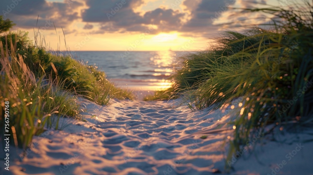Poster a scenic view of a path leading to the beach at sunset. perfect for travel and nature concepts