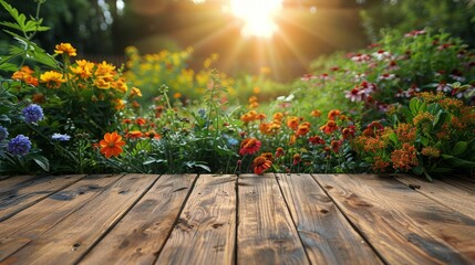 Wooden Table Surrounded by Flowers and Trees