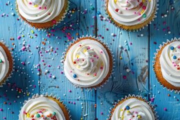 Top view of tasty cupcakes with butter cream and sprinkles on wooden background - obrazy, fototapety, plakaty