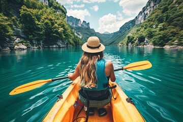 Girl in kayak sails mountain river. Whitewater kayaking, extreme sport rafting - obrazy, fototapety, plakaty