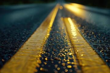 A wet road with a yellow line in the middle. Suitable for transportation concepts - obrazy, fototapety, plakaty