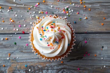Top view of tasty cupcake with butter cream and sprinkles on wooden background - obrazy, fototapety, plakaty