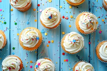 Top view of tasty cupcakes with butter cream and sprinkles on wooden background - obrazy, fototapety, plakaty
