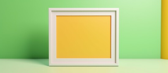A rectangular wooden picture frame sits on a table in front of a green and yellow wall. The electric blue accents on the frame complement the peach tints and shades in the rooms decor