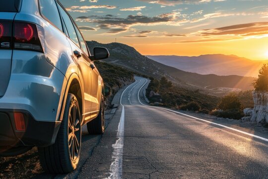 A Car Driving Down A Winding Road At Sunset. Perfect For Travel And Transportation Concepts