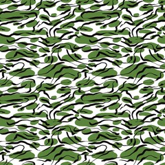 Seamless abstract textured pattern. Simple background black, green, white texture. Digital brush strokes, ovals, lines. Design for textile fabrics, wrapping paper, background, wallpaper, cover.
