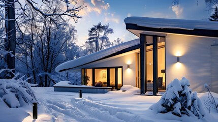 The front of modern exterior of luxury cottage covered in deep snow in winter evening - obrazy, fototapety, plakaty