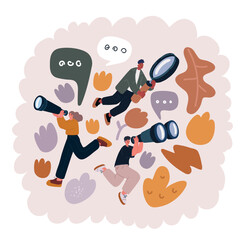 Cartoon illustration of Woman looks through big giant binocular. Looking and researching concept. Humna chararcthe on white bakcground.