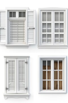 Image featuring four different types of windows with shutters. Suitable for home improvement projects or architectural design concepts