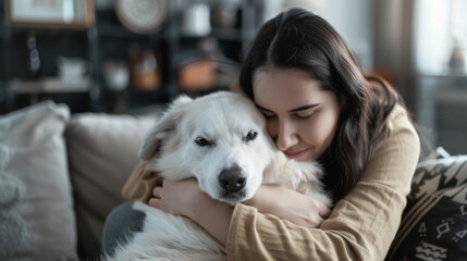 A woman hug a white dog in the living room