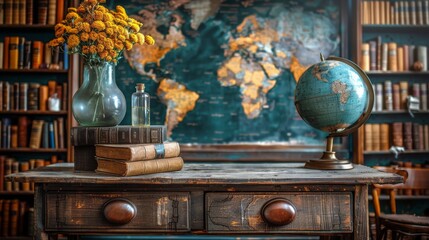 Desk With Books and Globe