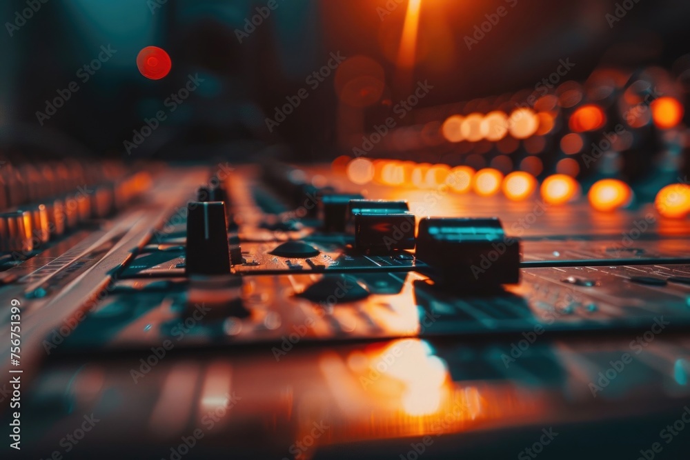 Poster detailed view of a sound board with colorful lights in the background. ideal for music industry conc