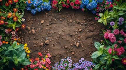 Garden Filled With Flowers and Dirt - obrazy, fototapety, plakaty