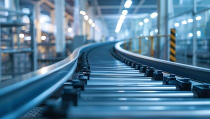 A photo of an industrial conveyor belt in motion, with a blurred background showing the interior and exterior production lines of a modern factory or warehouse Generative AI