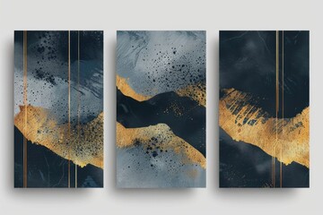 Set of three abstract paintings with luxurious gold paint. Ideal for adding a touch of elegance to any space