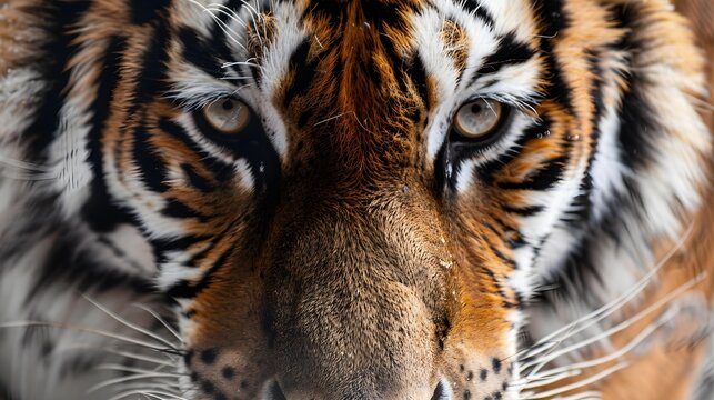 Tiger closeup portrait, safari shot. Bengal tiger, Siberian tiger (Panthera tigris altaica). Wild cat. Wildlife nature concept