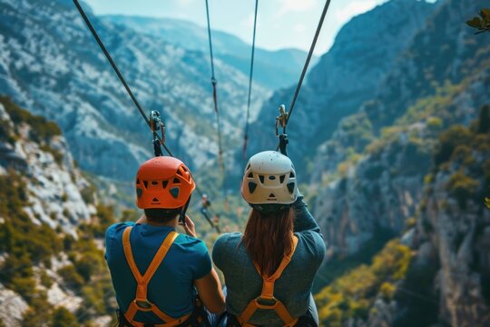 Exciting image of a couple enjoying a zipline ride. Perfect for travel or adventure concepts