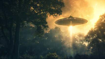 Fototapeta na wymiar Mysterious UFO Encounter in Forest at Twilight