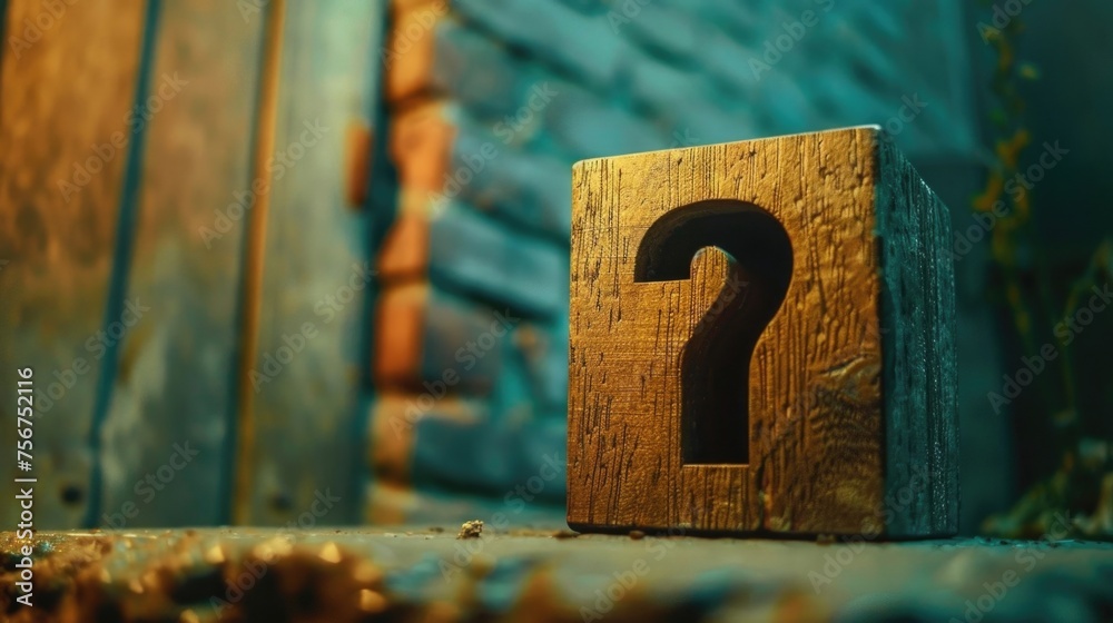 Aufkleber wooden block with a question mark symbol. suitable for educational and business concepts
