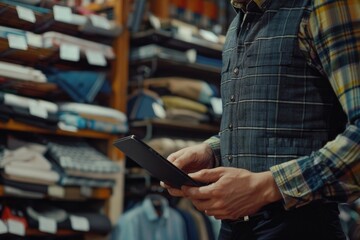 A man standing in a store holding a tablet. Suitable for technology and retail concepts