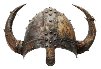 Ancient Norse Viking helmet with intricate metalwork and horns on transparent background - stock png.