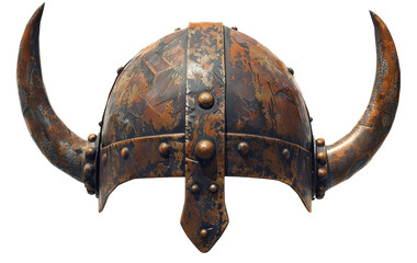Ancient Norse Viking helmet with intricate metalwork and horns on transparent background - stock png. - obrazy, fototapety, plakaty