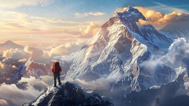 Create a dramatic image of a climber reaching the summit of Mount Everest