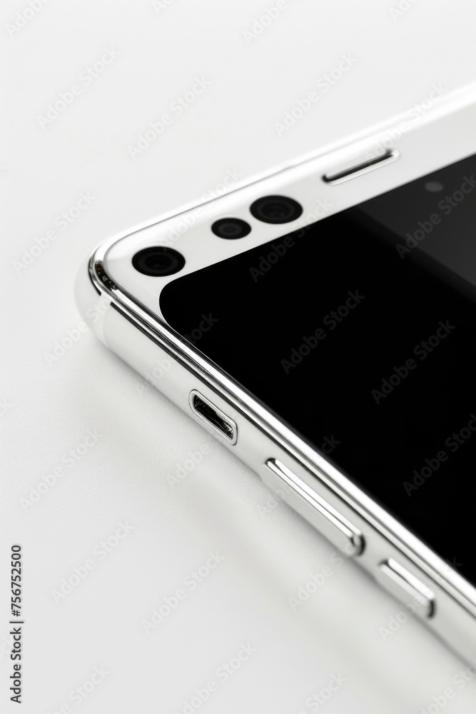 Poster close up of a cell phone on a table. suitable for technology concept