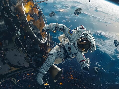 Create a tense image of a spacewalk outside a damaged spacecraft