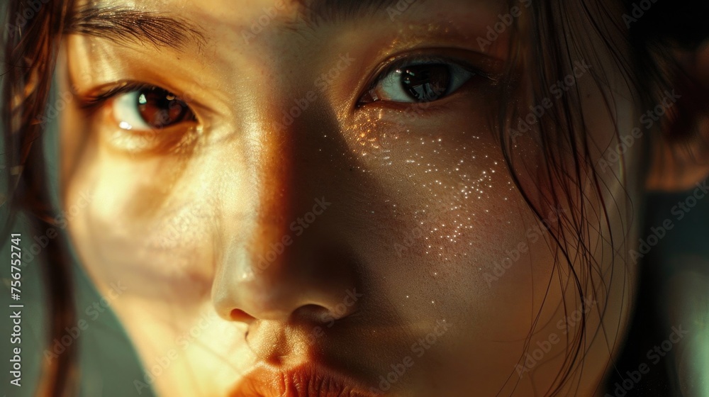 Poster close-up of a woman's face illuminated by the sun. suitable for various concepts and designs