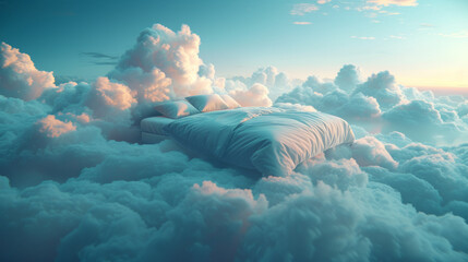 Dreamy Escape: Bed on a Cloud in the Blue Sky
