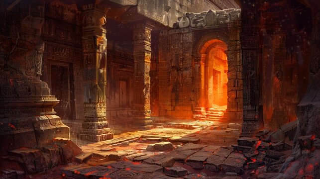 Create an adventurous image of a treasure hunt in an ancient temple