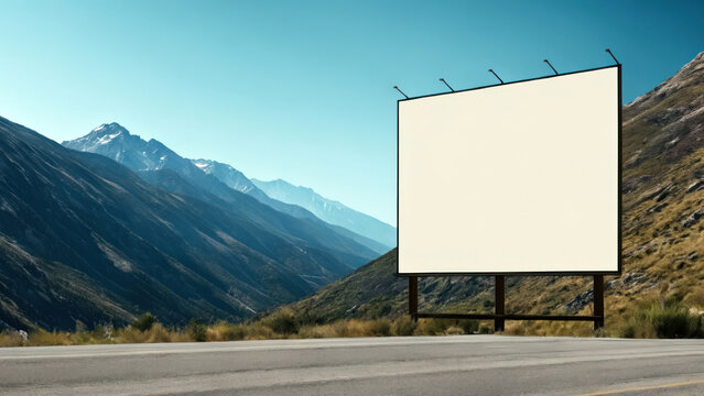 Blank Mockup, empty template. Sturdy billboard mockup standing tall amidst majestic mountains, capturing the adventurous spirit.