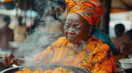 A woman in a turban cooking food in a pan. Suitable for culinary concepts