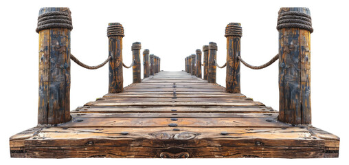Wooden pier with rope railings on transparent background - stock png. - obrazy, fototapety, plakaty