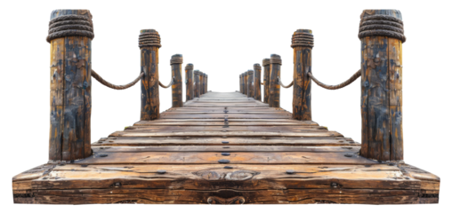Wooden pier with rope railings, cut out - stock png.