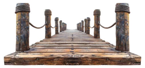 Rolgordijnen Wooden pier with rope railings on transparent background - stock png. © Volodymyr